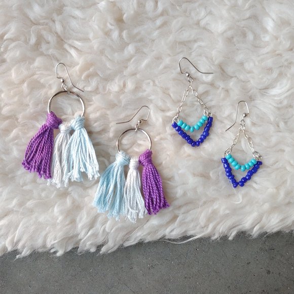 Handmade Boho Purple and Blue Fringe and Bead Dangle Earrings Set - Picture 12 of 12